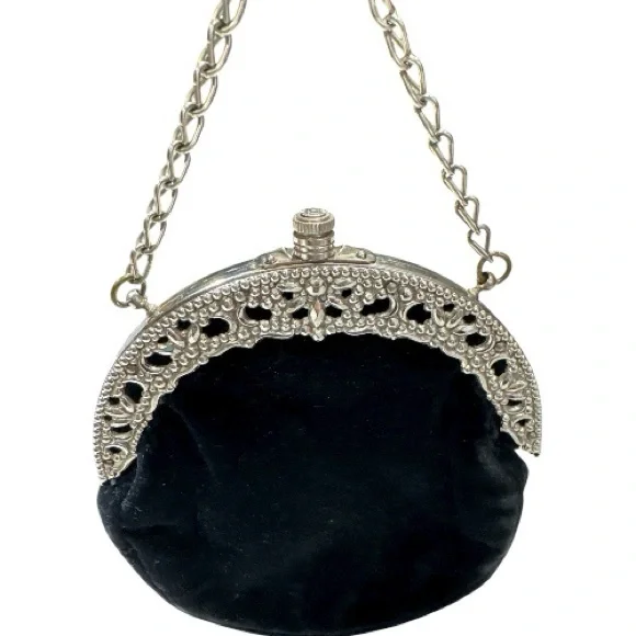 Vintage Victorian Style Silver Tone Mounted Black Velvet Bag with Belt Clip - Picture 5 of 14